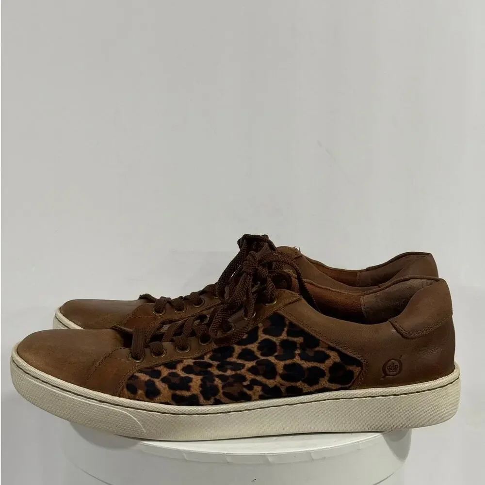 Born Leather Leopard Print Sneakers Brown Low Top Lace Up Women's 9M Animal Shoe